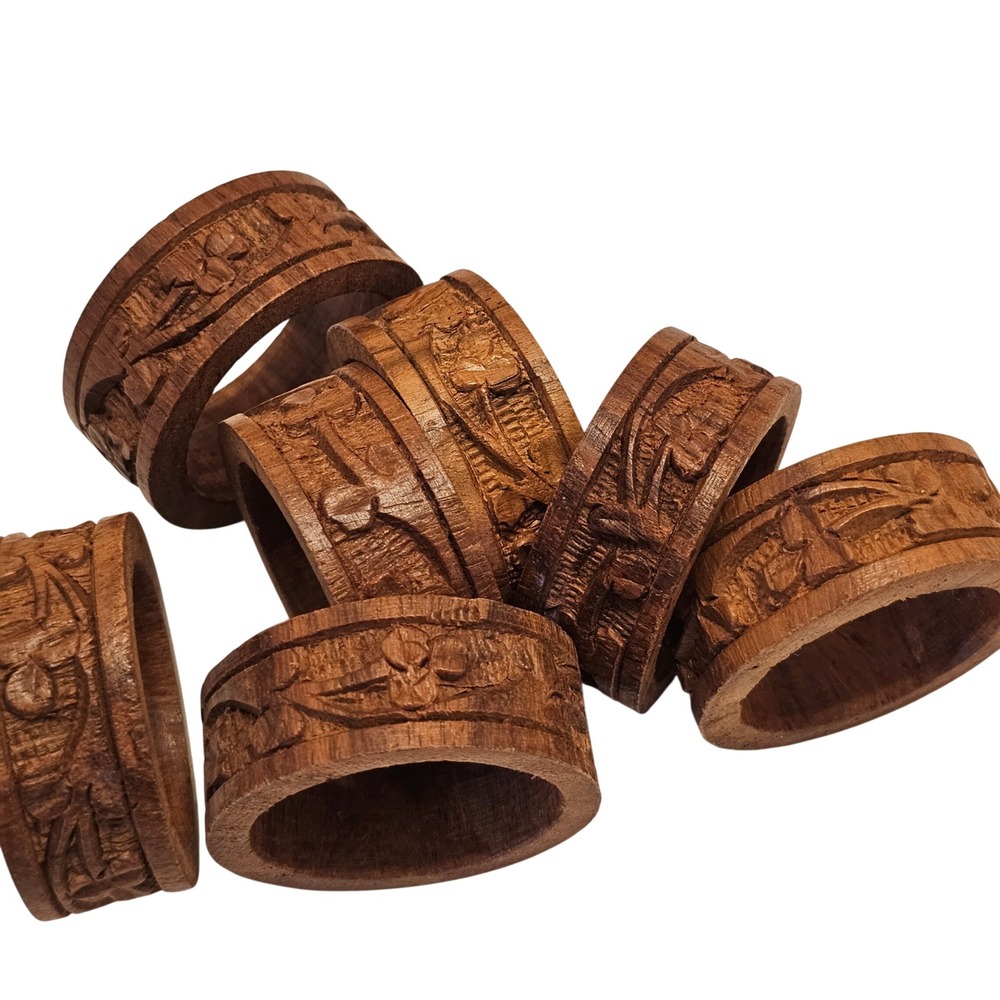 Vintage Hand Carved Wood Napkin Rings Set of 7 Floral Brown Rustic Boho Decor
